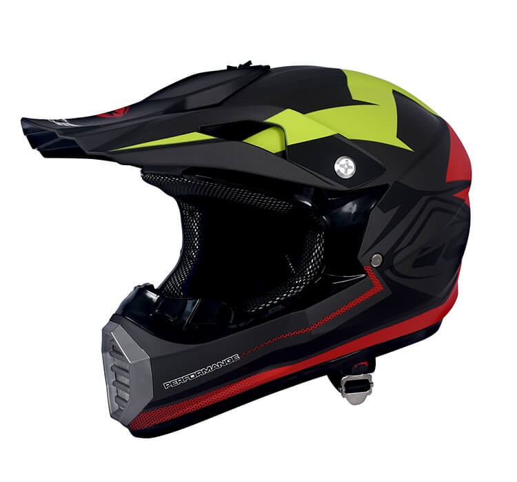 Vista lateral de CASCO MOTOCROSS JCH MOTOS NEGRO / ROJO MATE